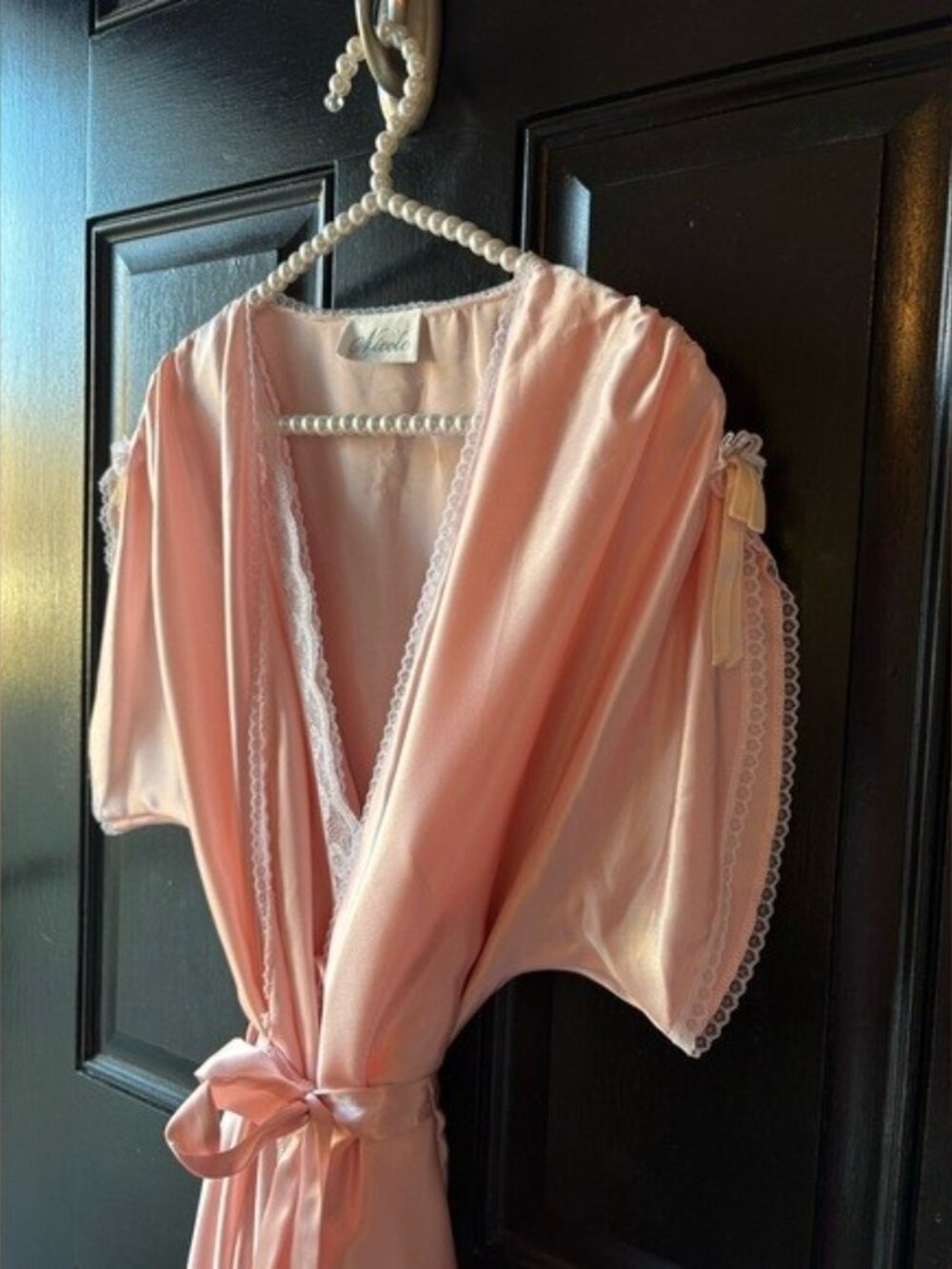 VTG Nicole Peach Pink Satin Lace Teddy Bodysuit Robe Set Size S/M - Picture 8 of 15
